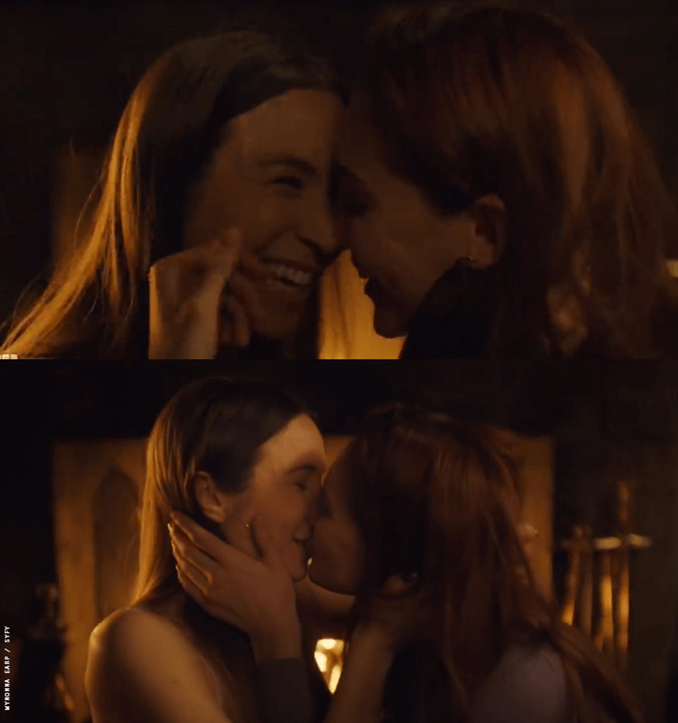 Nicole and Waverly smiling and kissing