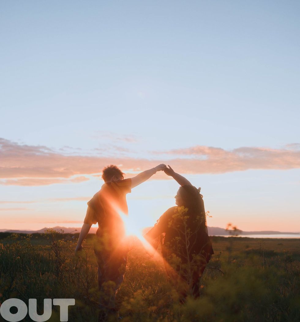 Nikki Blonsky Hailey Jo Jenson Married Announcement Out Magazine exclusive photoshoot Queer Love Spring Sunset Meadow