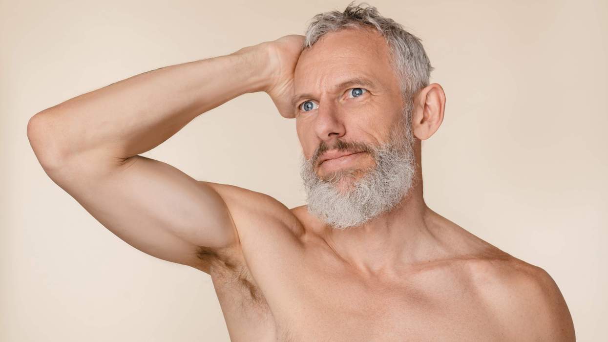 Older man without a shirt on