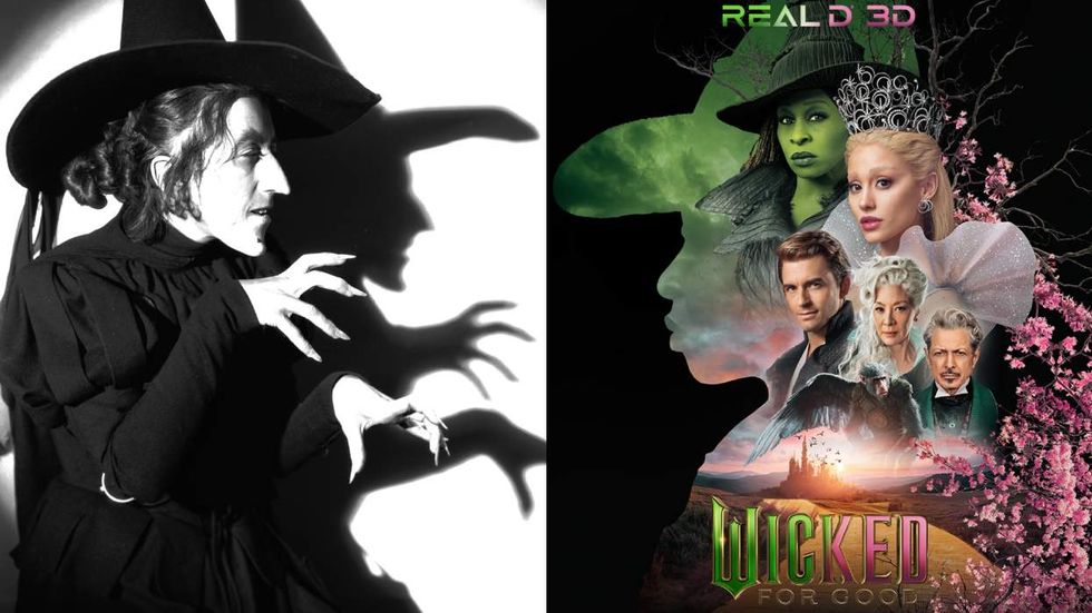 ON LEFT, Margaret Hamilton in-character as Miss Gulch, a.k.a. The Wicked Witch of the West, in MGM\u2019s 1939 musical film The Wizard of Oz; ON RIGHT, the RealD 3D poster of Wicked: For Good