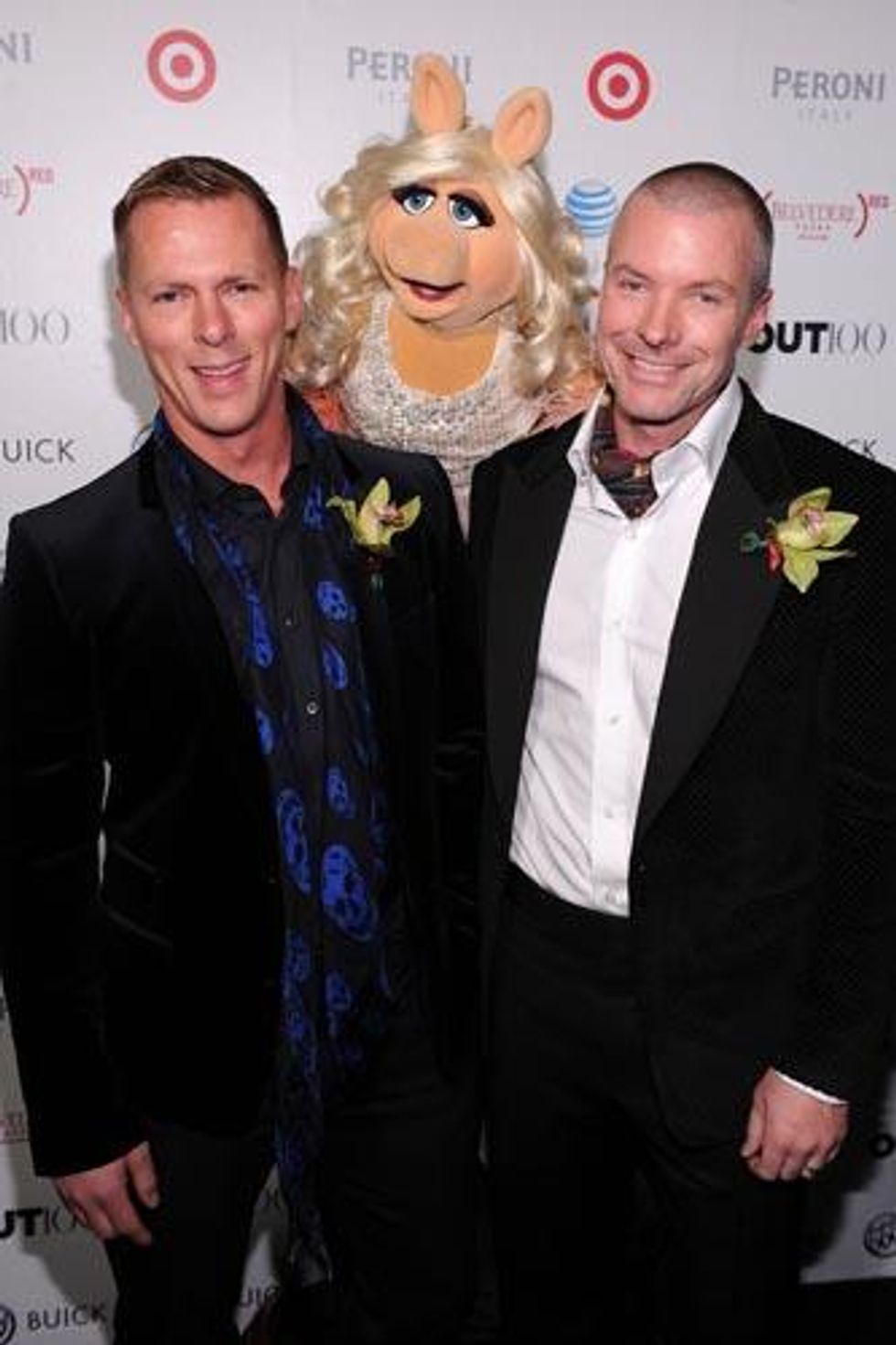 Out100 Honoree Brian Pendleton and Chad Goldman with Miss Piggy