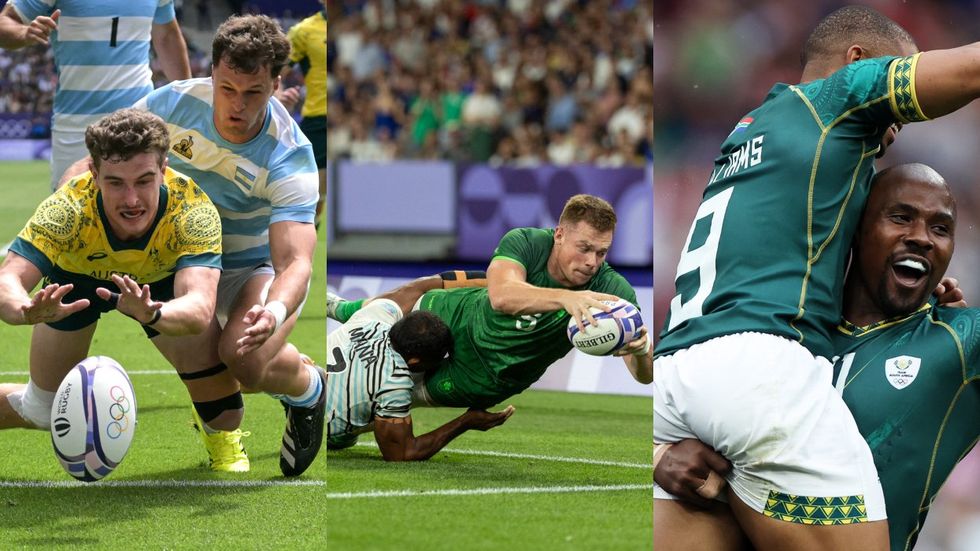 Paris 2024 Olympics Men's Rugby Players Tackling Holding Each Other