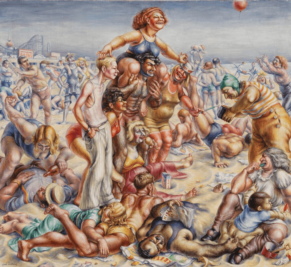 Paul Cadmus\u2019 Coney Island, a crowded beach scene filled with exaggerated figures lounging, socializing, exercising, and playing.