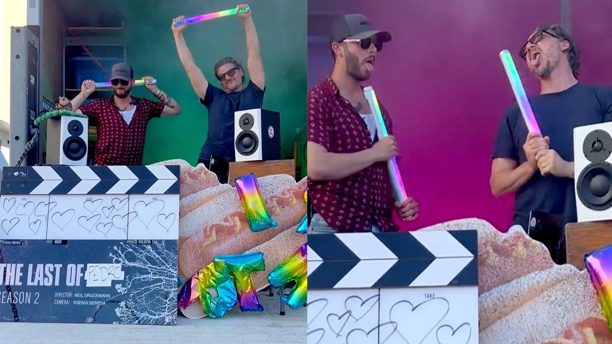 Pedro Pascal dancing with rainbow pole on ​The Last of Us​ season 2 wrap party