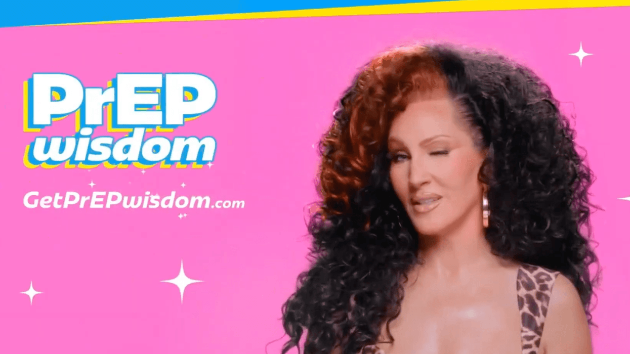 Person with curly hair winks on pink background, text reads "PrEP wisdom" and "GetPrEPwisdom.com."