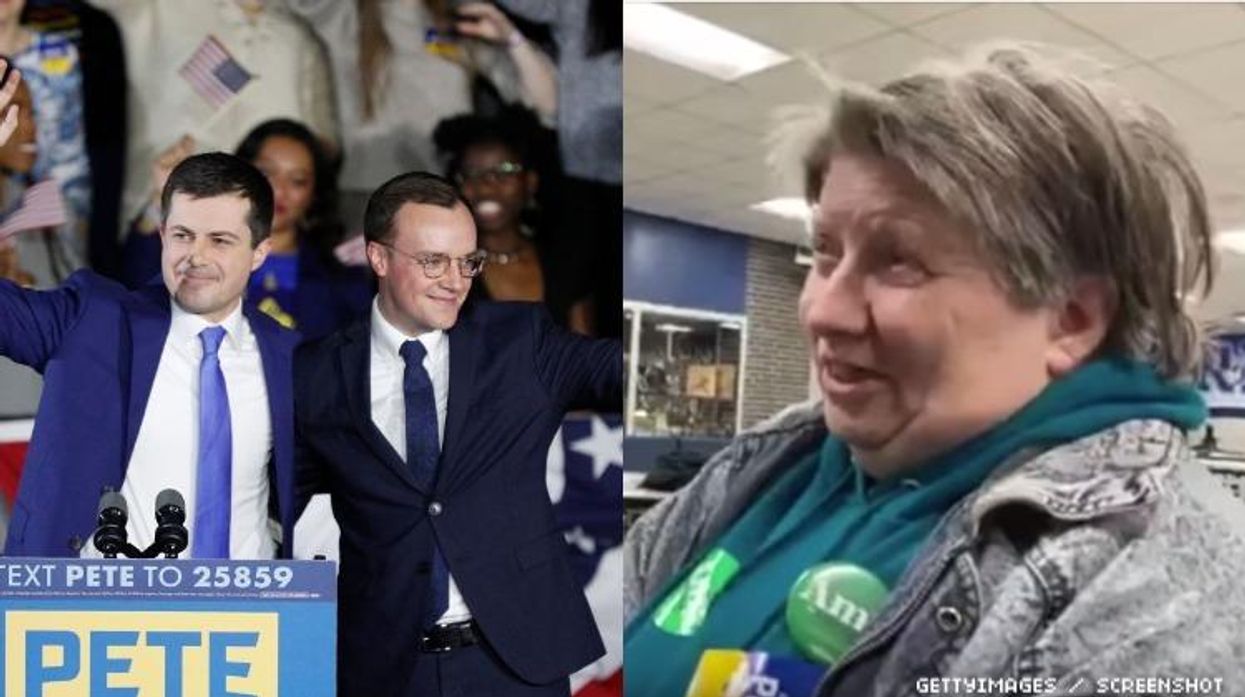 Pete and Chasten Buttigieg on stage in a diptych with an Iowa caucus voter.