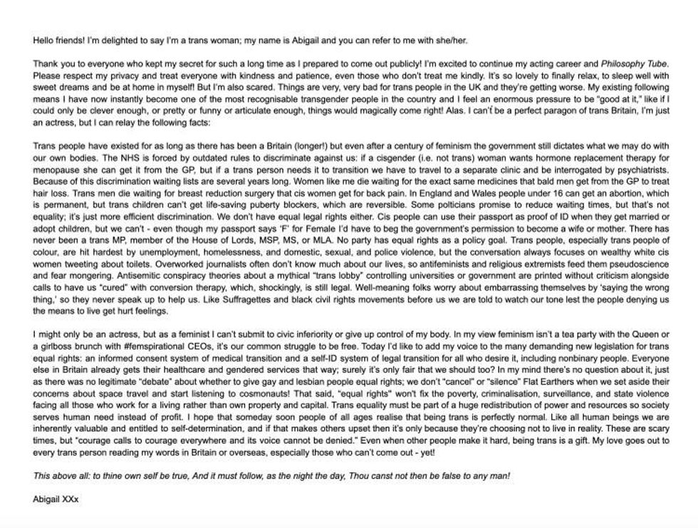 'Philosophy Today' YouTuber Abigail Thorn comes out as trans