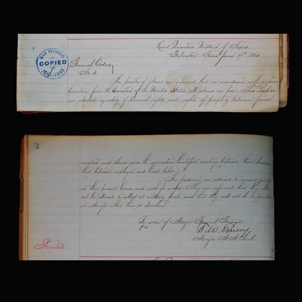 Photo of handwritten record showing General Orders, Number 3, issued by United States Major General Gordon Granger, June 19, 1865. The date of Granger's issuance of the order is now celebrated as Juneteenth