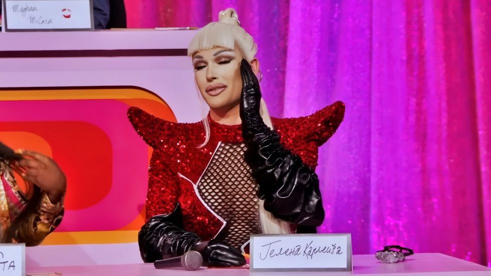 Plane Jane as Jelena Karleu\u0161a in the Snatch Game of RuPaul's Drag Race season 16