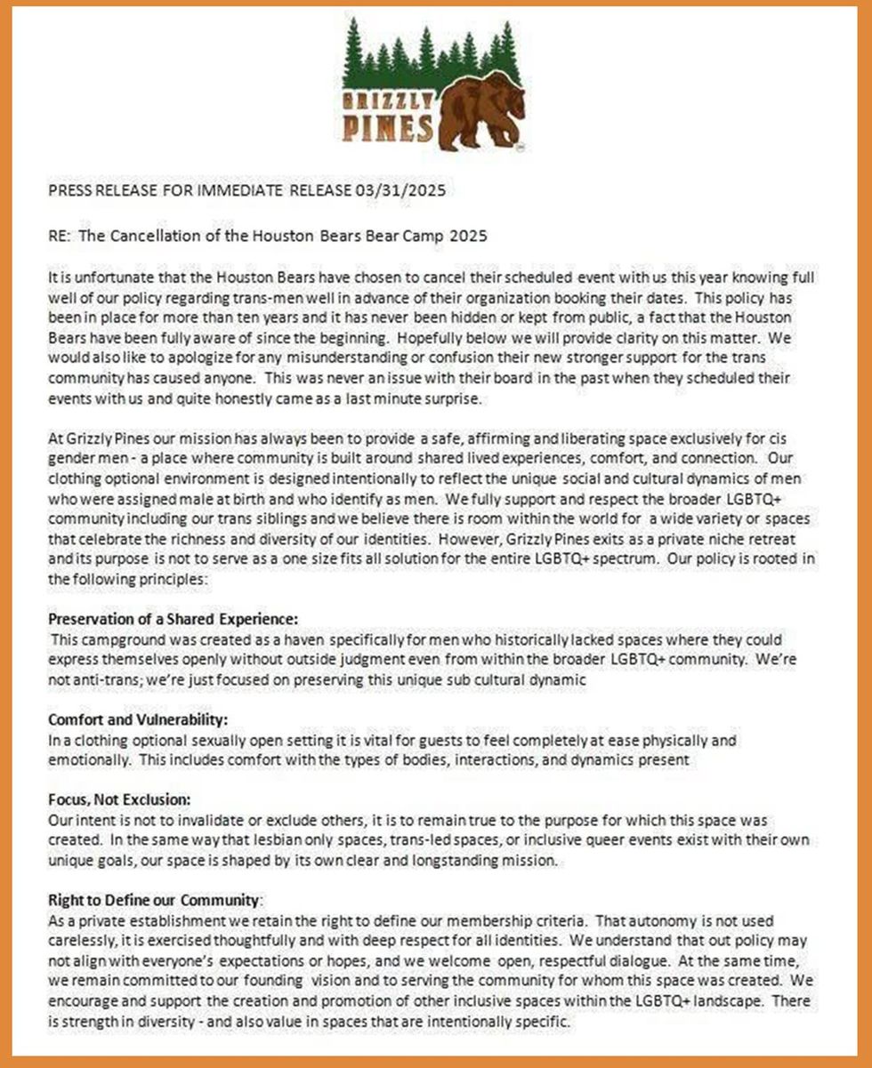 press release by Grizzly Pines private campground Texas
