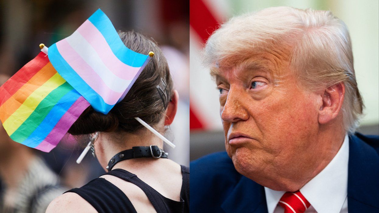 Pride flag and trans flag; Donald Trump in the Oval Office of the White House in Washington, D.C.