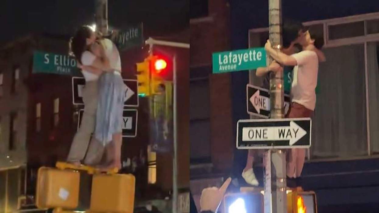 Queer couples kissing to celebrate the Knicks' championship win.