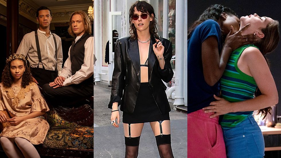 queer vampires AMC interview with the vampire sexy Kristen Stewart sunglasses garter belt bra blazer public NYC street photo netflix show first kill