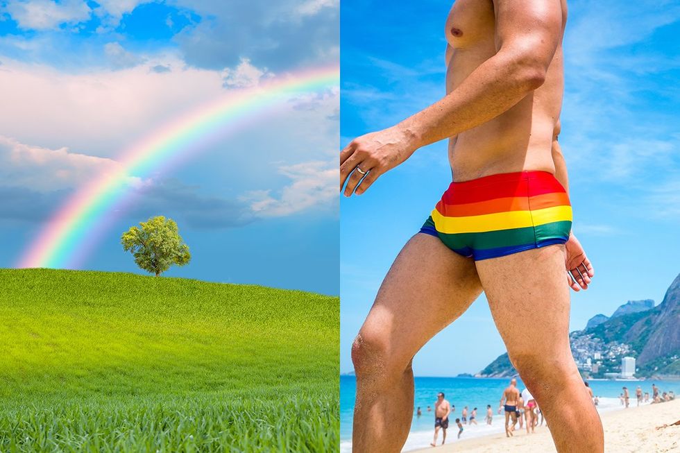 Rainbow in a field with a tree next to Man in rainbow Speedo