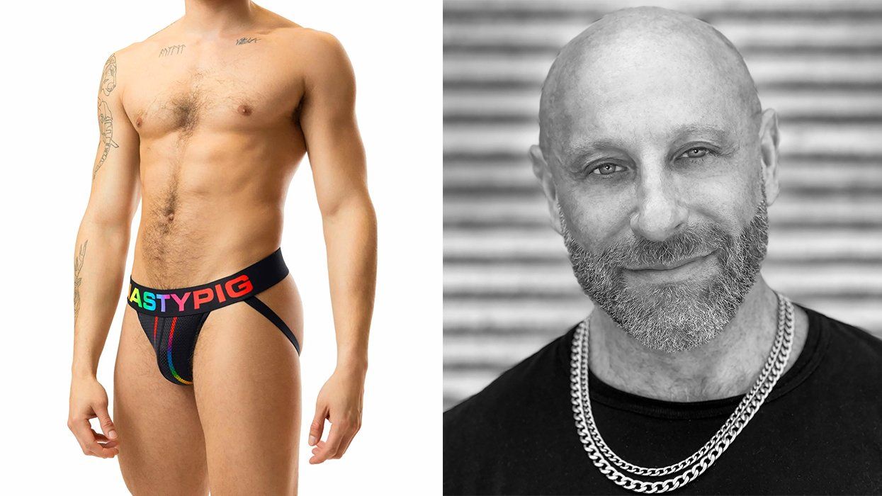 rainbow waistband NASTYPIG jockstrap on model alongside Nasty Pig cofounder Author Sodomy Gods David Lauterstein