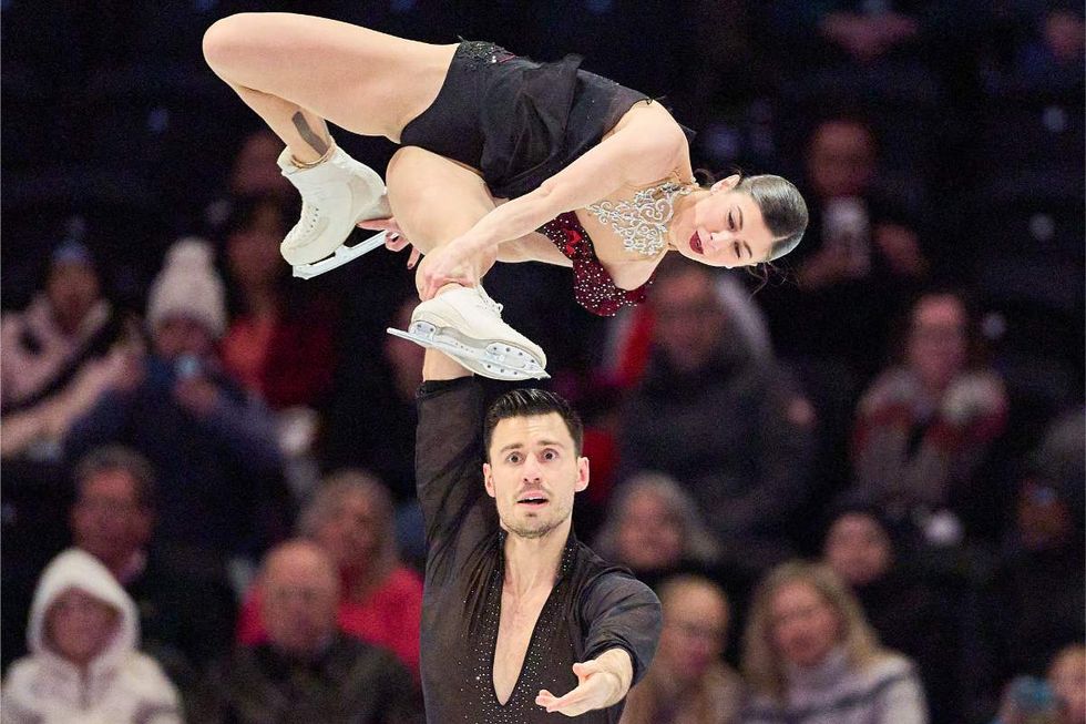 Rebecca Ghilardi and Filippo Ambrosini skate during the Pairs Short program of the 2025 ISU World Figure Skating Championships at TD Garden in Boston, Massachusetts, on March 26, 2025.