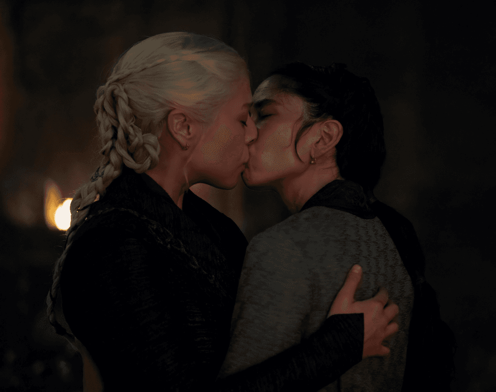 Rhaenyra Targaryen and Mysaria share a tender kiss