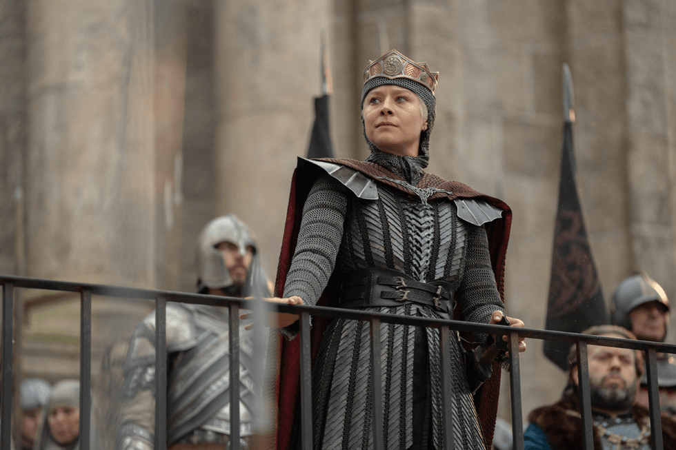 Rhaenyra Targaryen wears a crown and chainmail while addressing the people of King's Landing in the House of the Dragon season 3 finale.