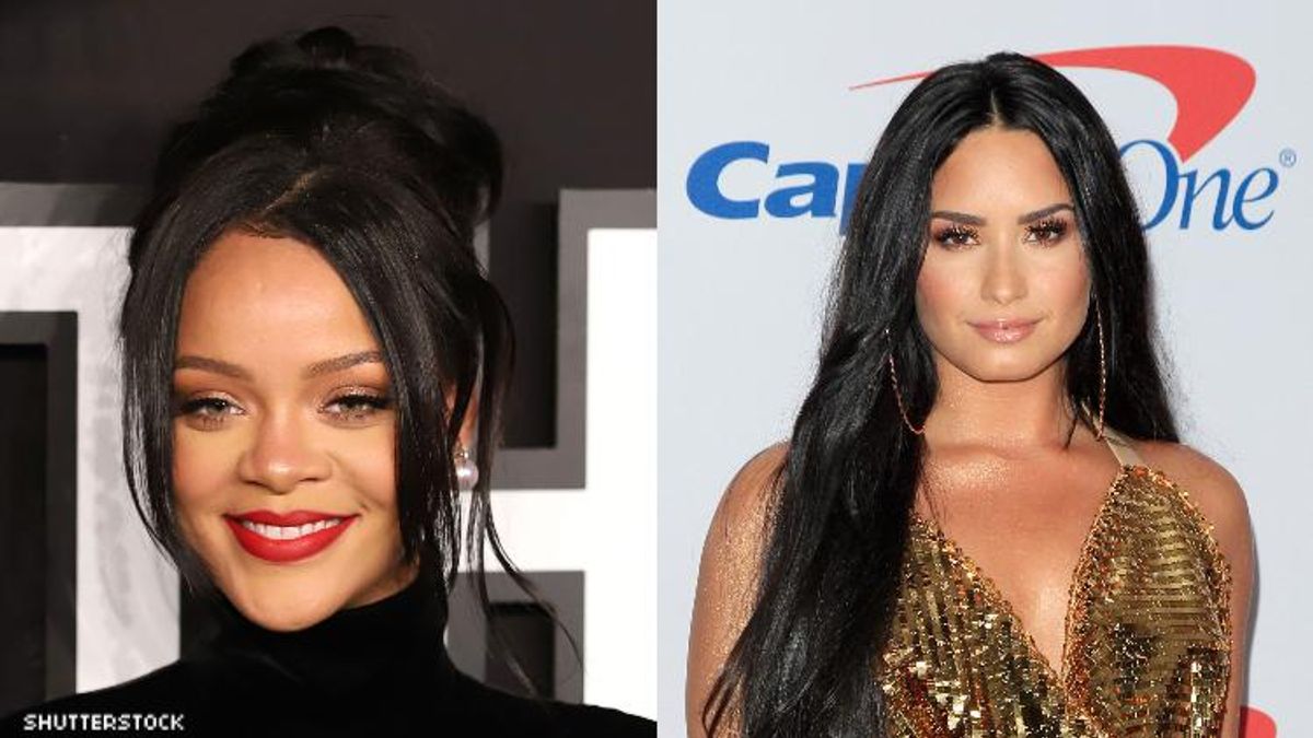 Rihanna and Demi Lovato in a diptych.