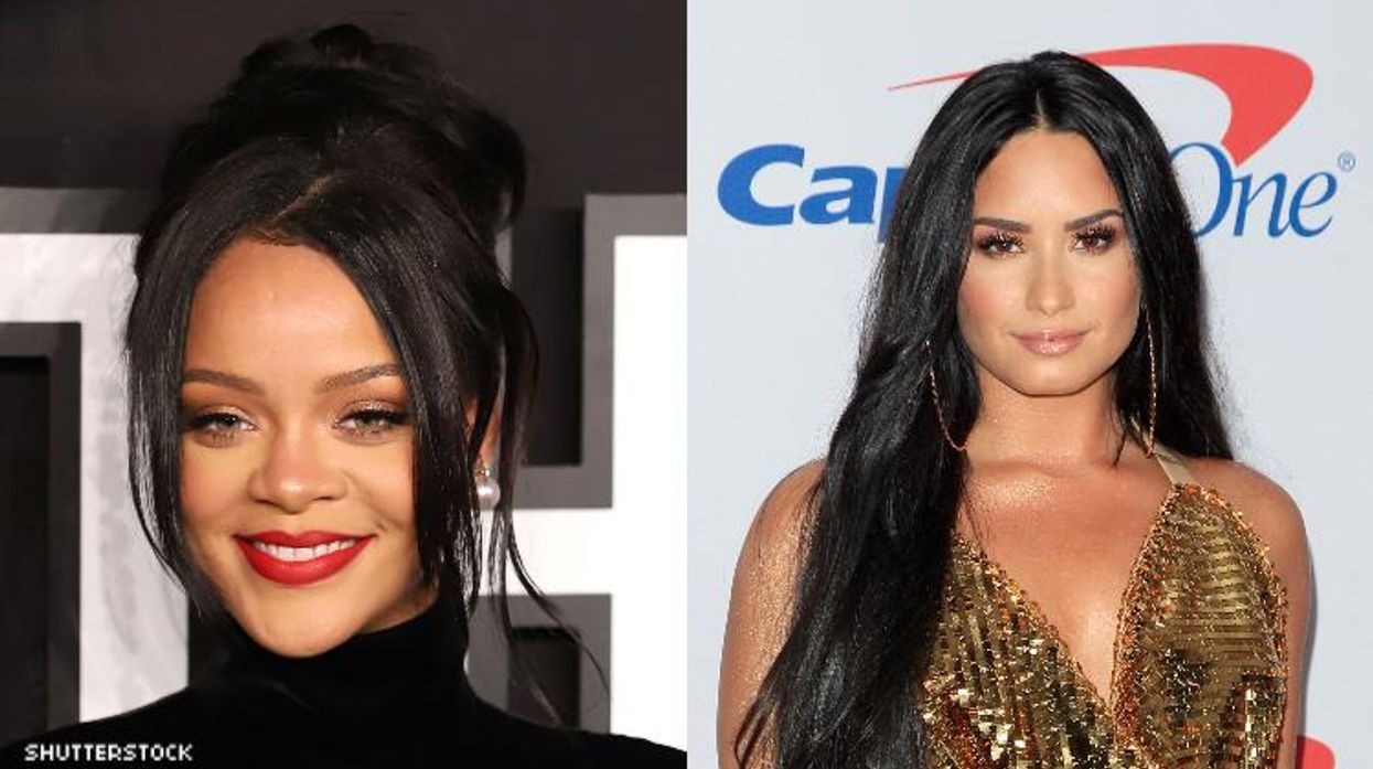 Rihanna and Demi Lovato in a diptych.
