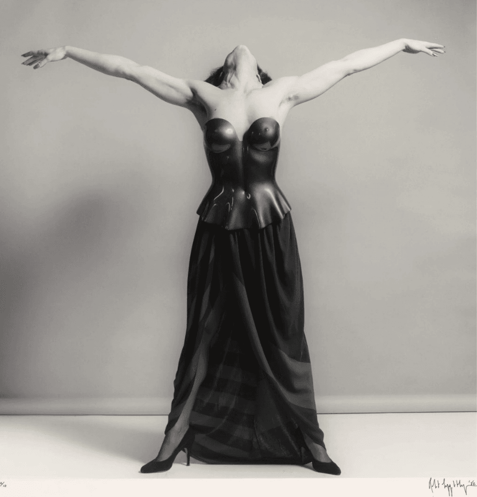Robert Mapplethorpe\u2019s Lisa Lyon, a black-and-white portrait of the bodybuilder posing with her arms raised behind her head.