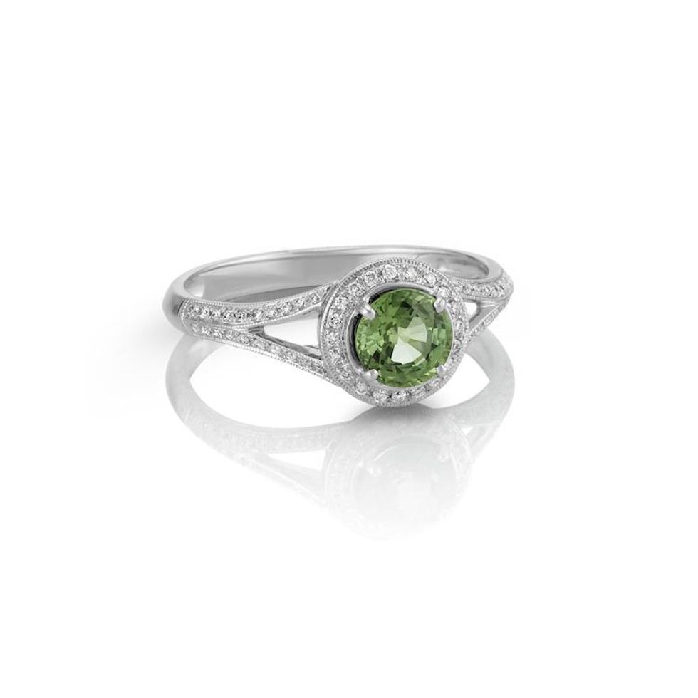 Round Green Sapphire and Diamond Ring in 14k White Gold