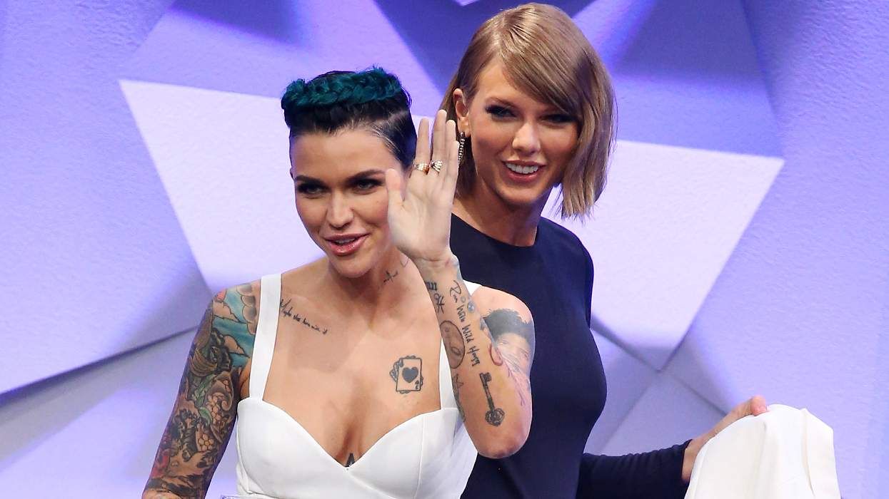 Ruby Rose on stage with Taylor Swift during the 27th Annual GLAAD Media Awards in Beverly Hills