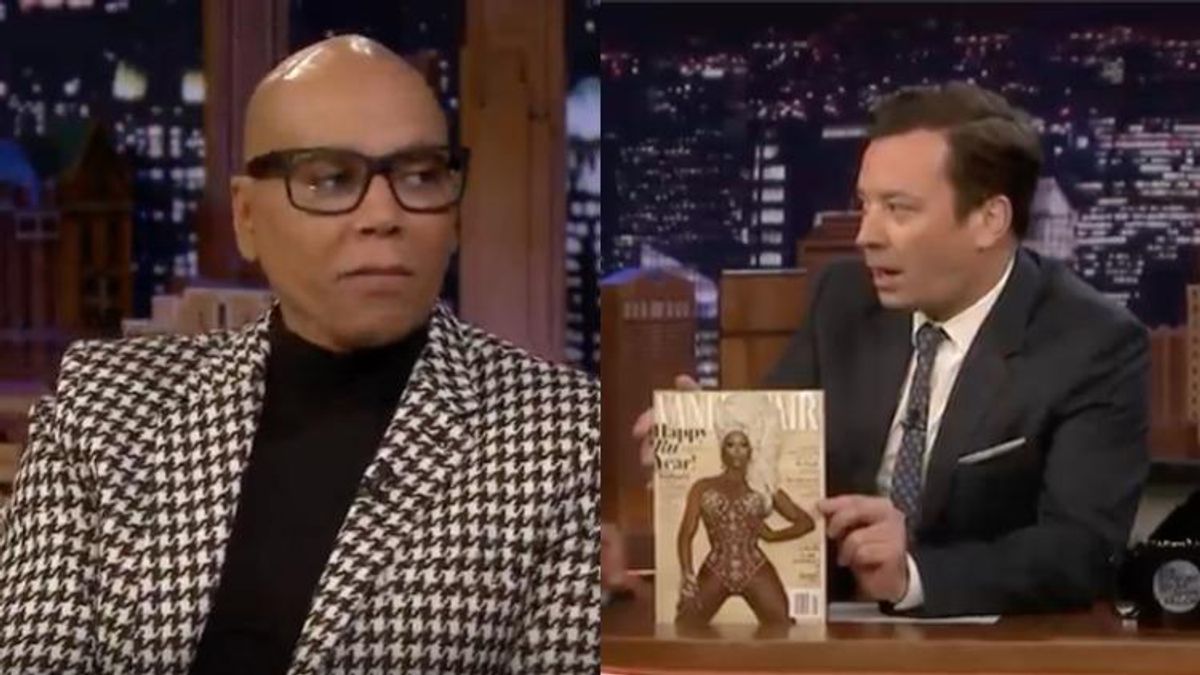 RuPaul and Jimmy Fallon in a diptych.