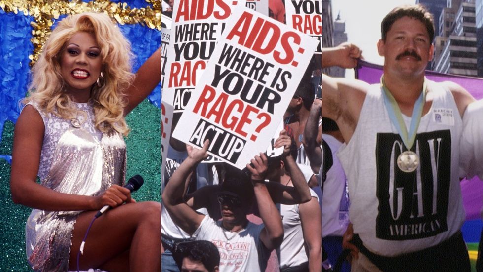 ​RuPaul at a Pride Parade; Activists holding ACT UP signs; Man wearing a tank top that reads Gay American