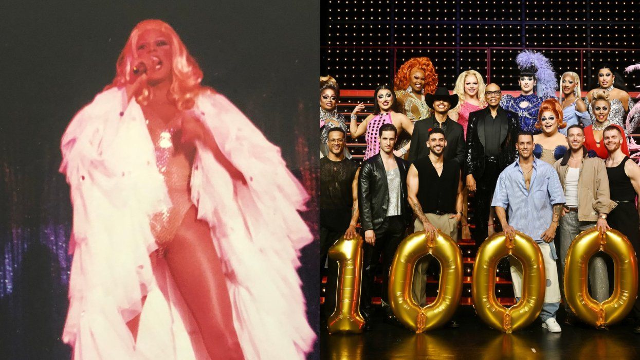 RuPaul performing at the Sahara Hotel in Las Vegas in 1994; RuPaul, Jam Sims, queens, and dancers celebrating 1,000 shows of RuPaul's Drag Race Live at the Flamingo Las Vegas in 2025