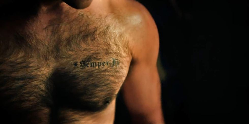 Sachin Bhatt as Major Wilkinson with \u2018semper fidelis\u2019 tattoo on Boots