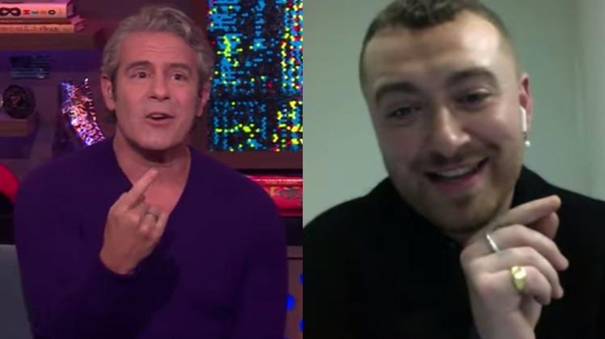 Sam Smith and Andy Cohen on TV.