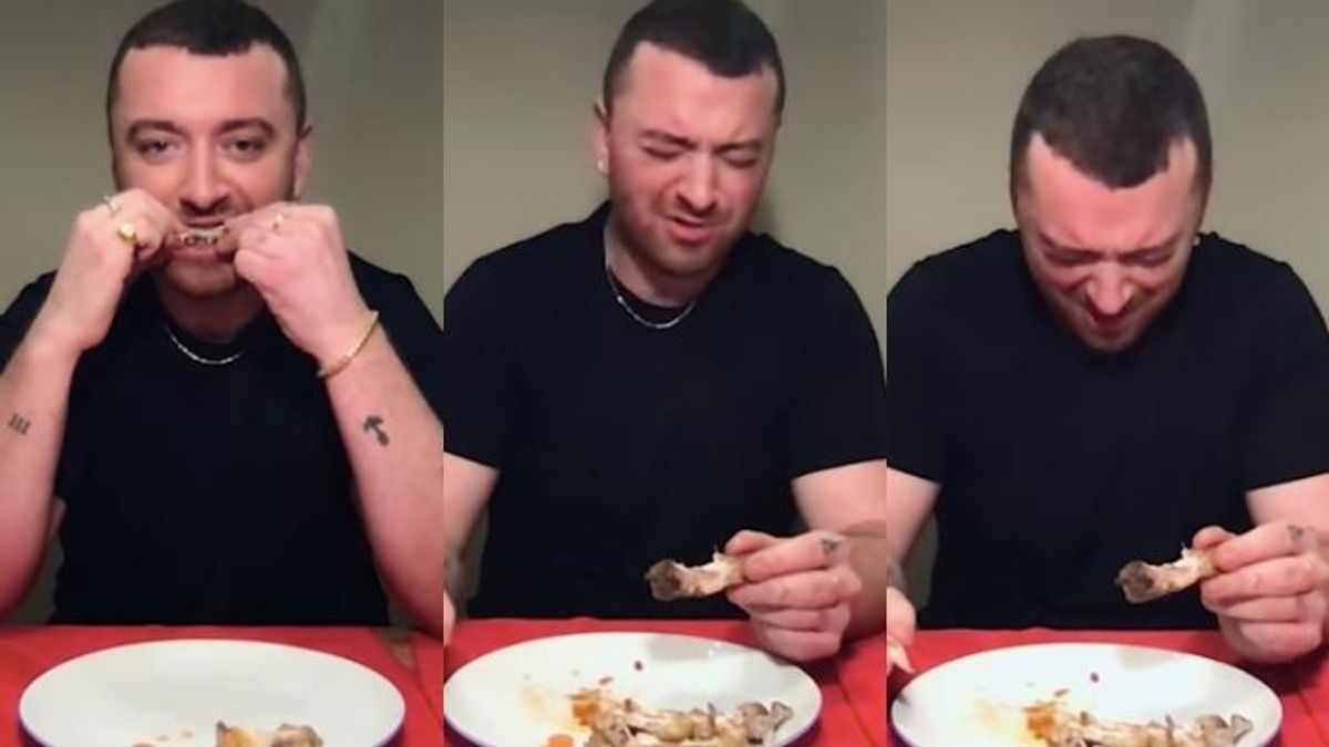 Sam Smith eating hot wings.