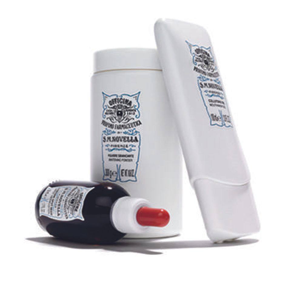 Santa Maria Novella whitening powder, mouthwash gel, and spot neem lotion