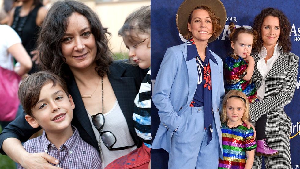 Sara Gilbert poses with her kids Levi and Sawyer 2011 alongside Brandi Carlile and Catherine Shepherd with Evangeline Ruth Carlile and Elijah Carlile 2020