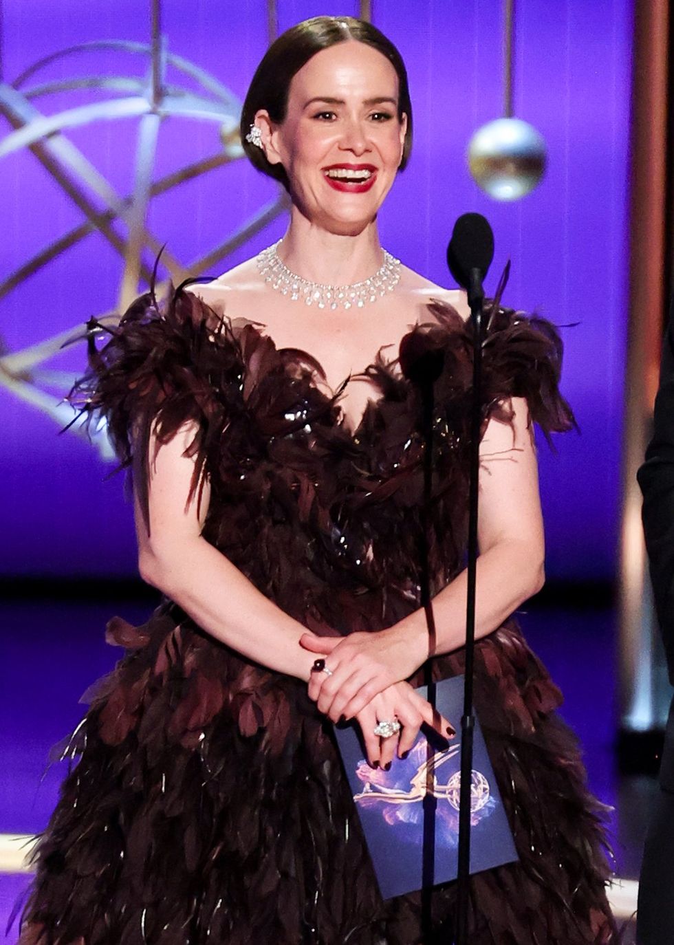 Sarah Paulson onstage at the 2025 Emmys in Prada