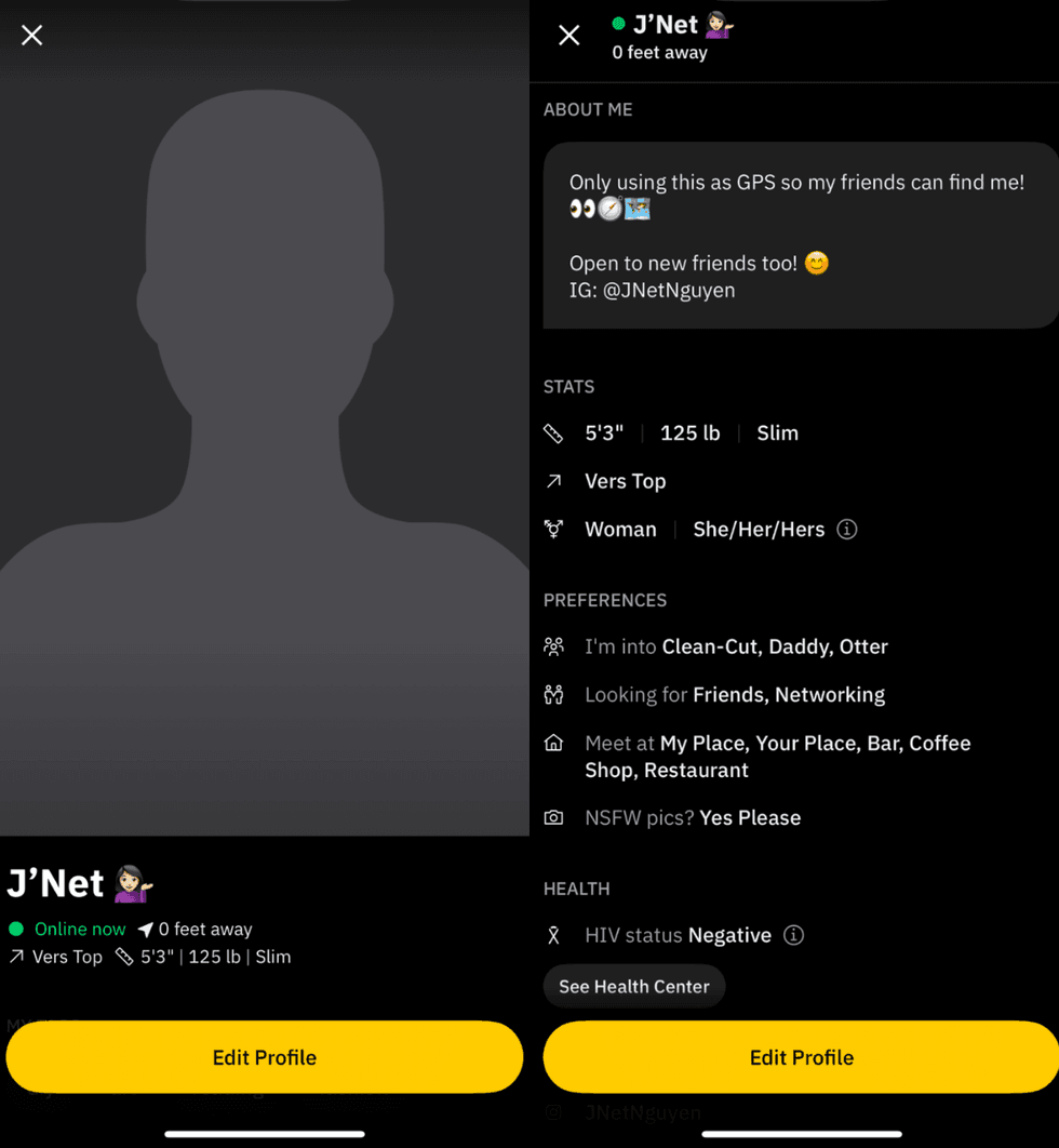Screenshots of J'Net Nguyen's Grindr profile.