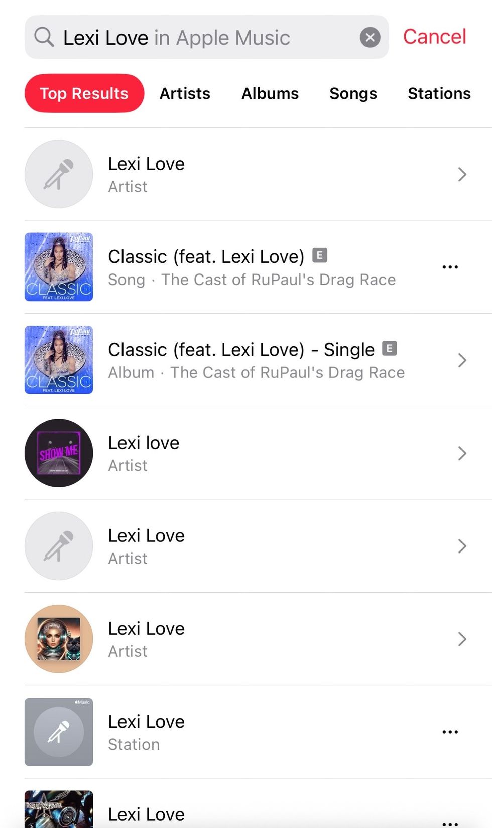 Search and results for 'Lexi Love' on Apple Music as of August 23, 2025
