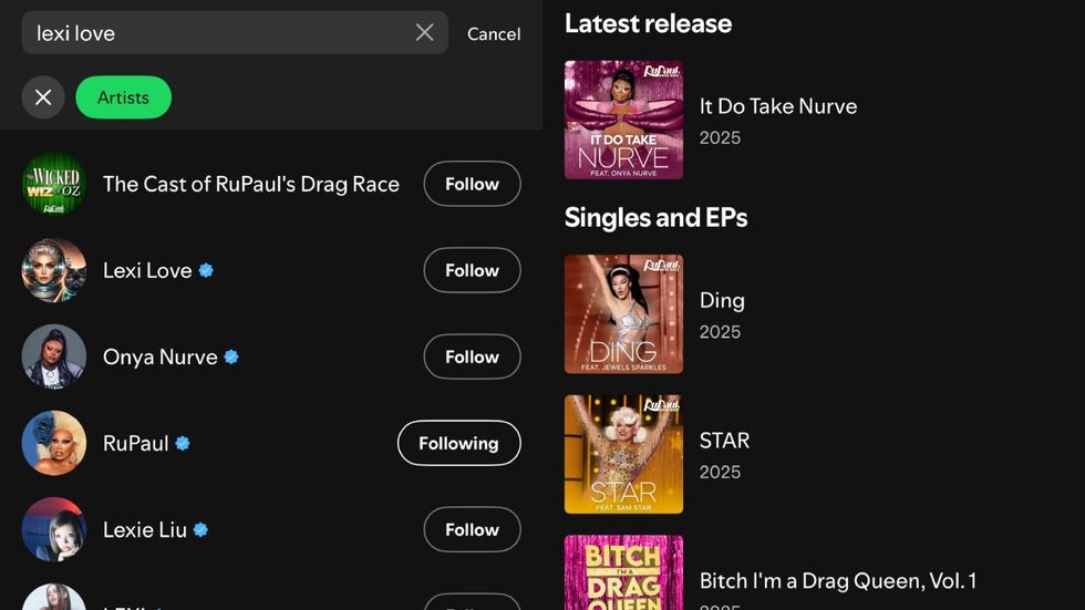 Search and results for 'Lexi Love' on Spotify as of August 23, 2025