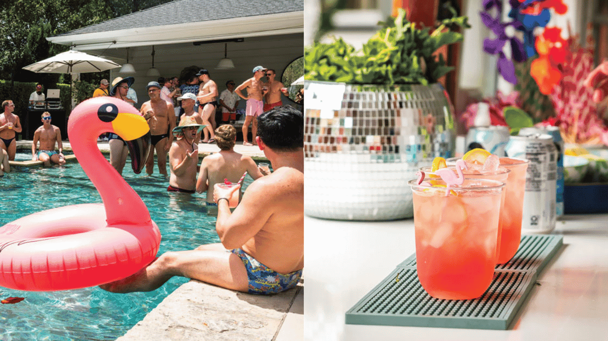 several men in swimsuits in and around a swimming pool; a couple of colorful cocktails