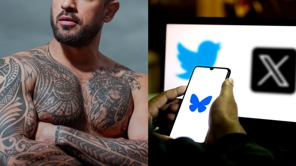 Shirtless man; Bluesky app in front of X and Twitter logos