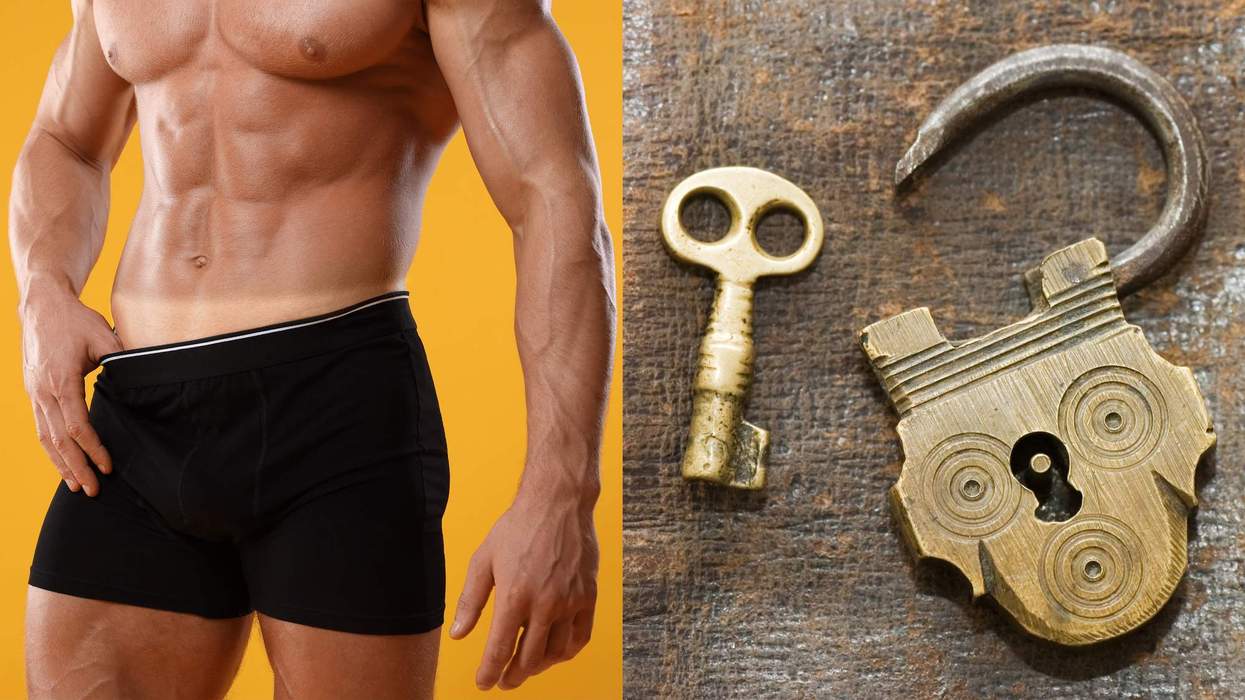 Shirtless man in underwear and a lock and key