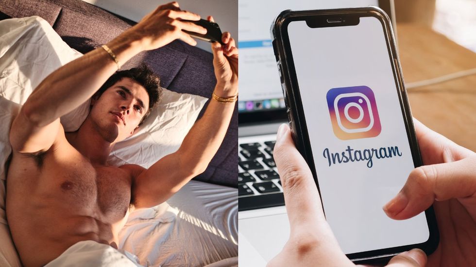 Shirtless man using Instagram