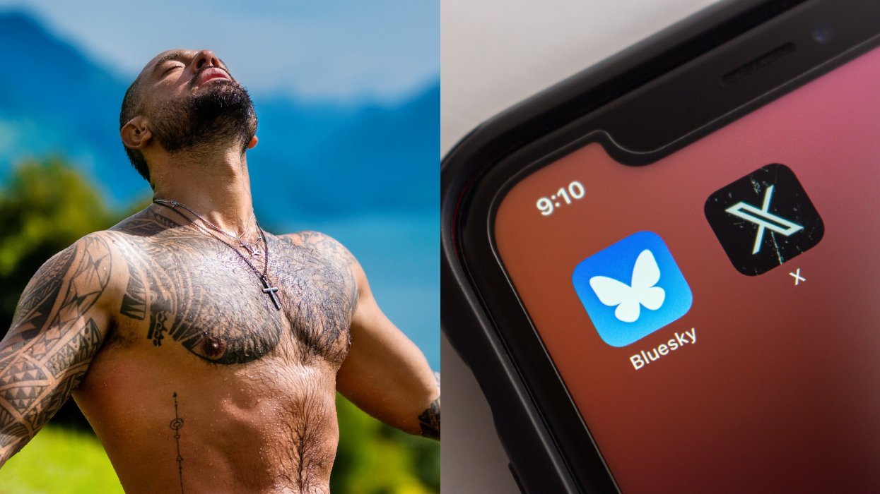 Shirtless man with tattoos; Phone with Bluesky app and X/Twitter app