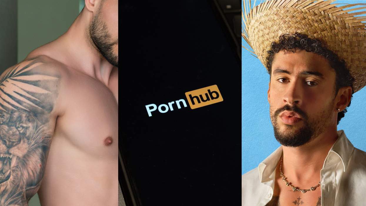 Shirtless tattooed man; Pornhub logo; Bad Bunny in poster for the 2026 Super Bowl Halftime Show