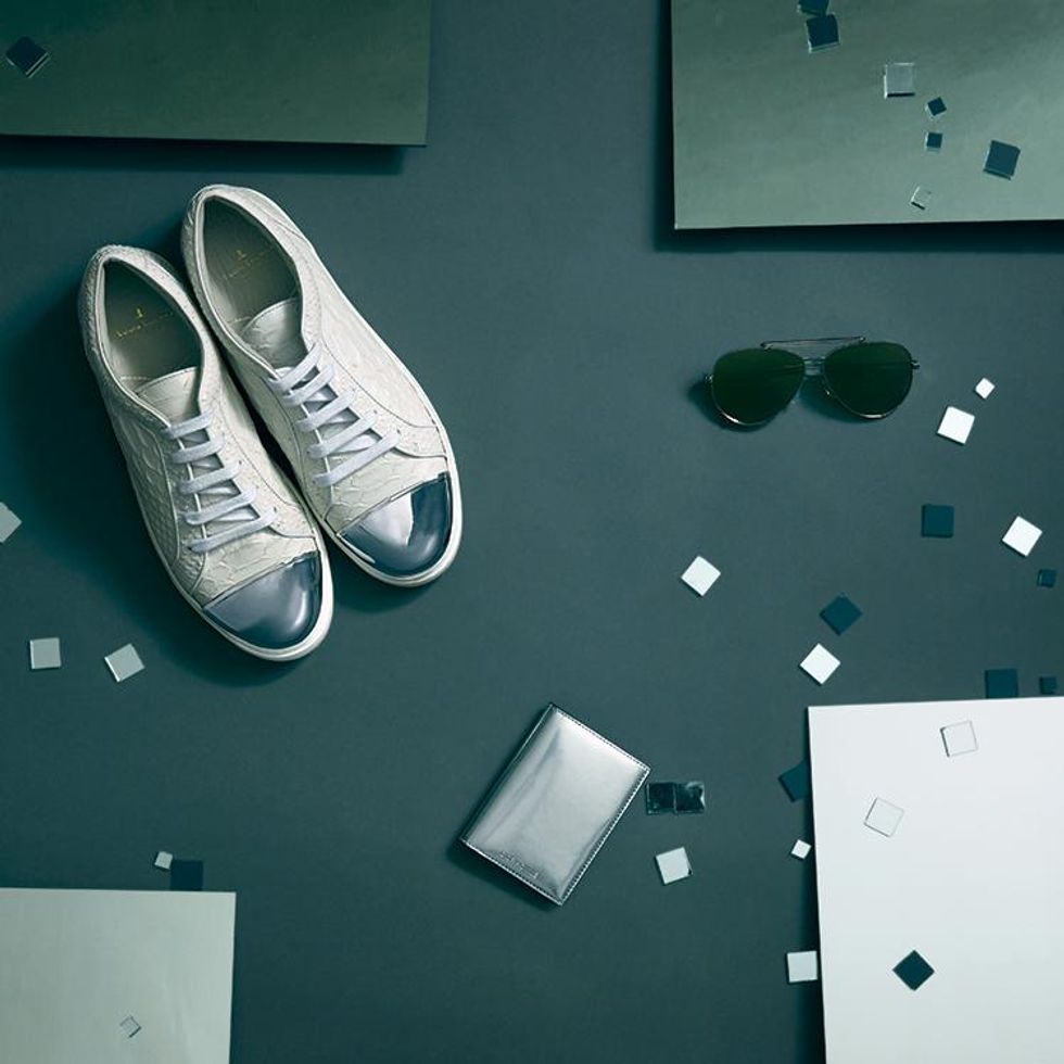 Shoes by Louis Leeman, $795; Sunglasses by Alexander McQueen, $440; Wallet by Dior Homme, $360