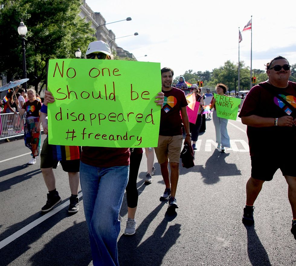 Sign no one should be disappeared while marching in the WorldPride 2025 parade Washington DC