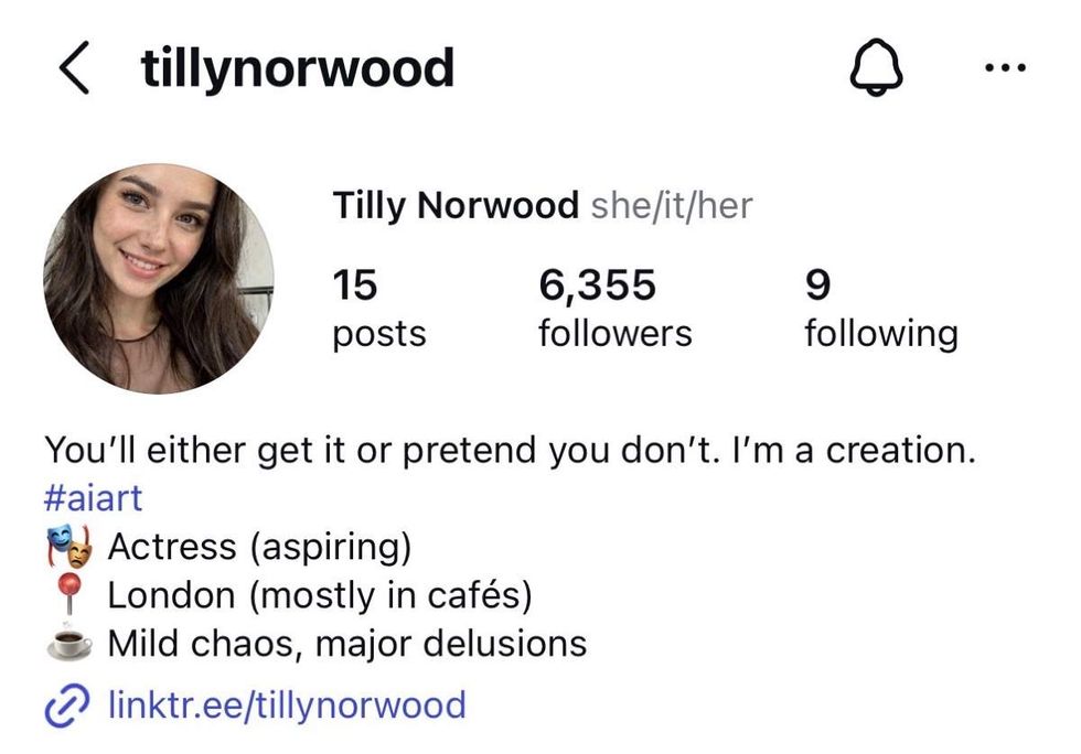 Social media profile created for AI persona Tilly Norwood on Instagram
