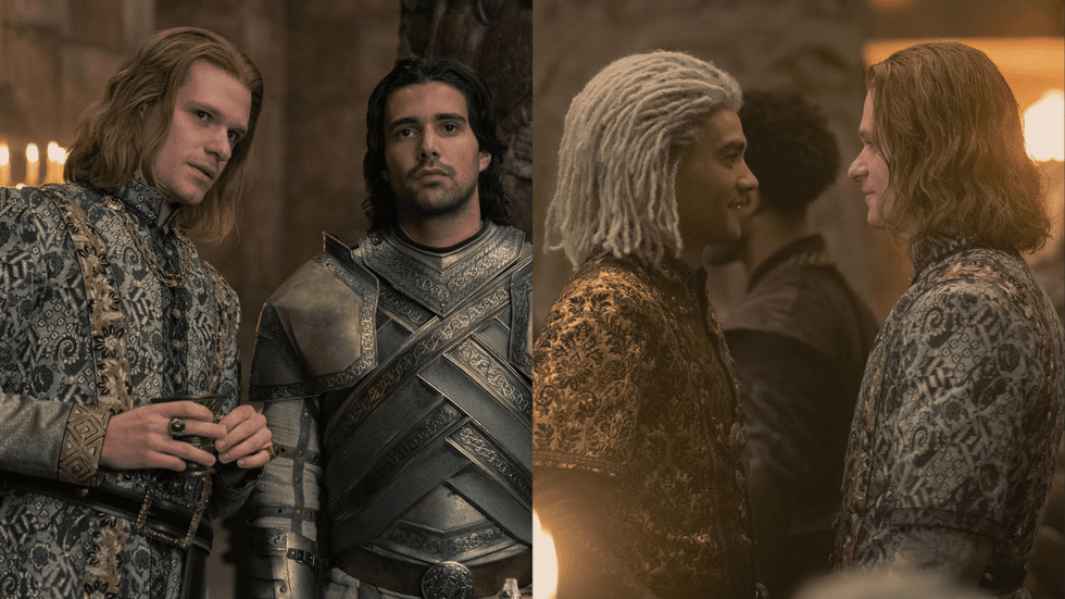 Solly McLeod as Ser Joffrey Lonmouth (L) and Fabien Frankel as Ser Criston Cole (R); Theo Nate as a younger Laenor Velaryon (L) and Solly McLeod Ser Joffrey Lonmouth (R)