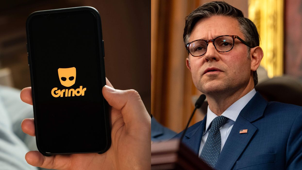 Someone holding a cell phone with the Grindr app and a photo of Mike Johnson